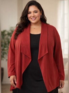 Boutique Red Cardigan Open Front Waterfall Blazer Style Ruched Sleeve Plus Size